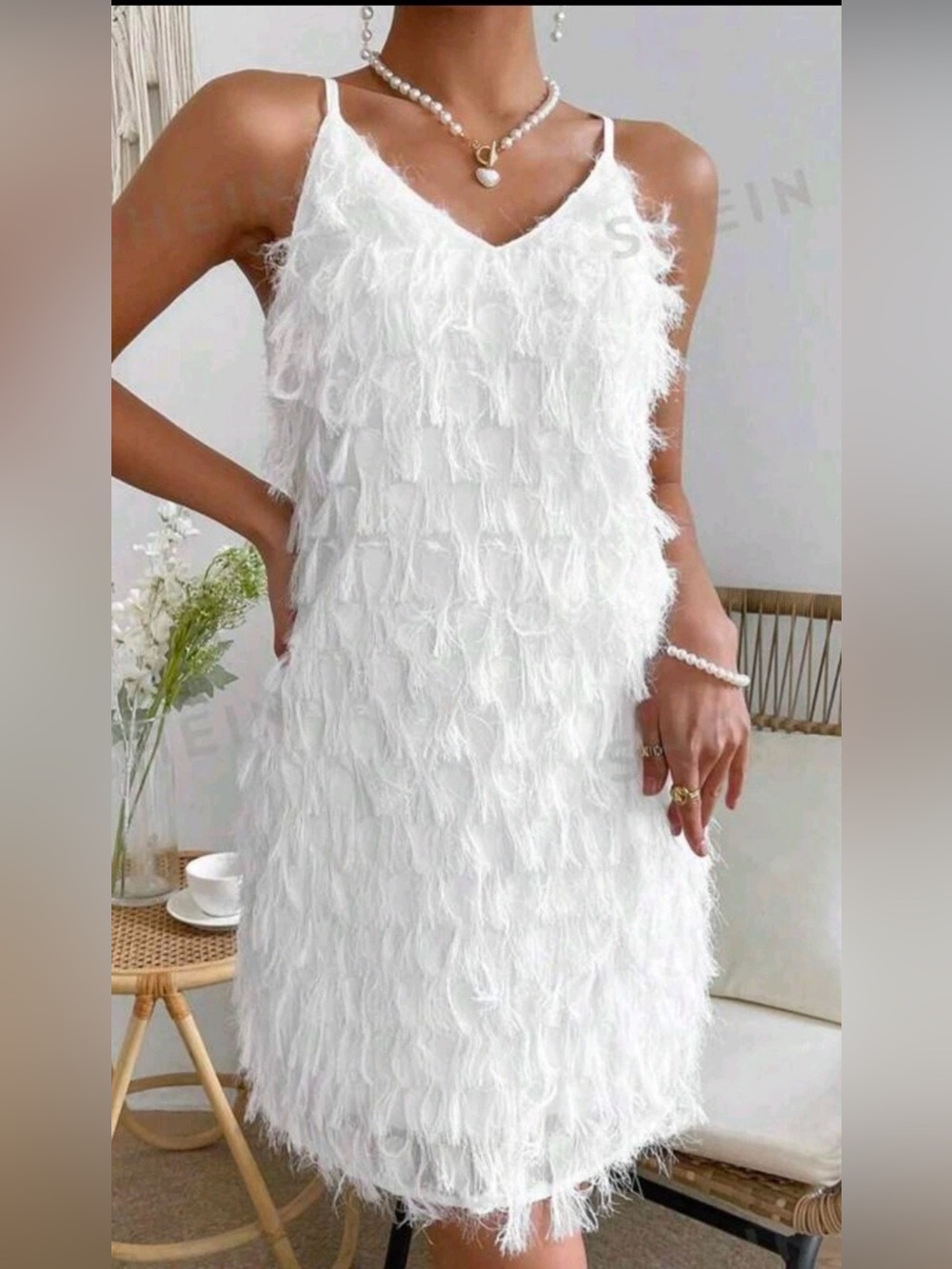 SHEIN White Feather-Trim V-Neck Mini Slip Dress